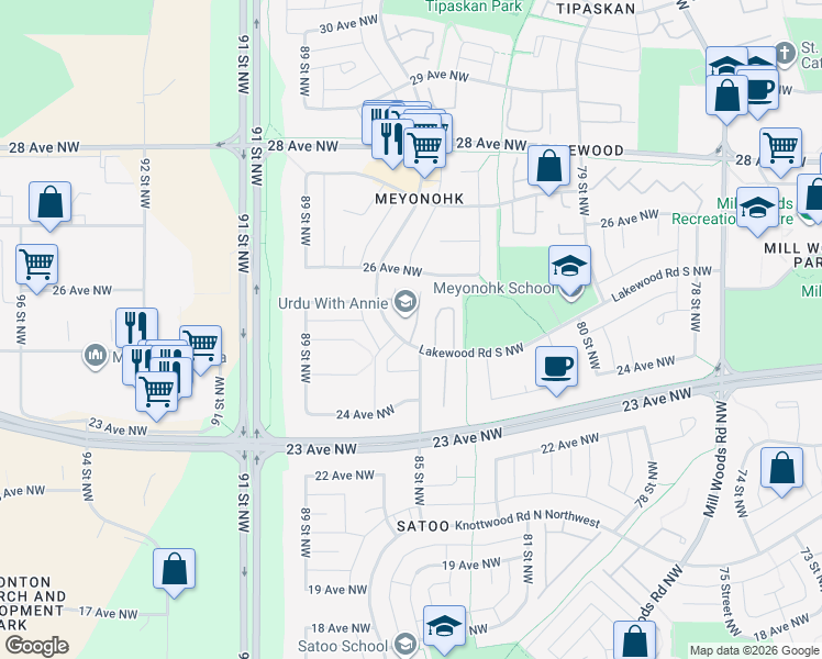 map of restaurants, bars, coffee shops, grocery stores, and more near in Edmonton