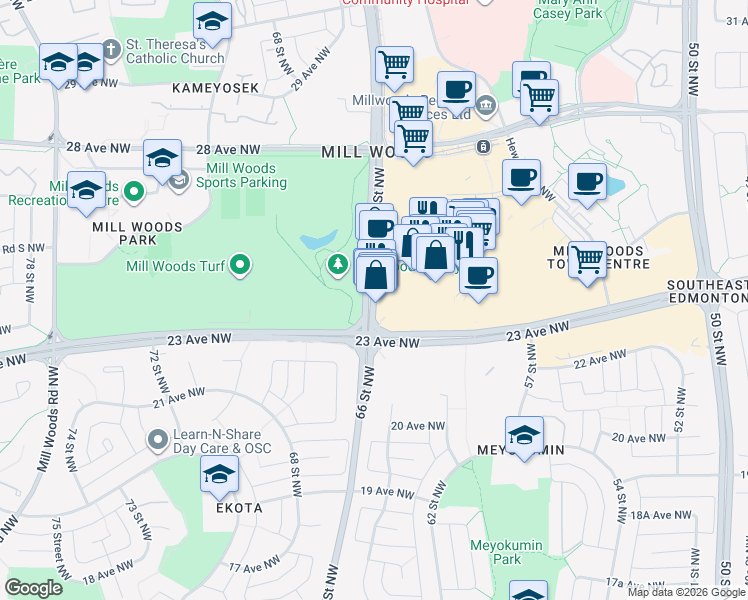 map of restaurants, bars, coffee shops, grocery stores, and more near 2331 66 Street Northwest in Edmonton