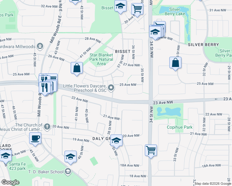 map of restaurants, bars, coffee shops, grocery stores, and more near 2303 38 Street Northwest in Edmonton