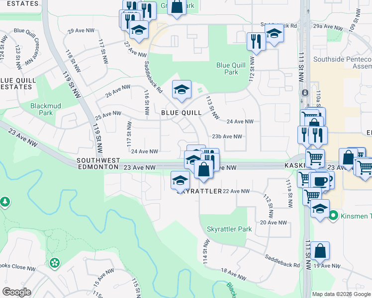 map of restaurants, bars, coffee shops, grocery stores, and more near 650 Saddleback Road Northwest in Edmonton