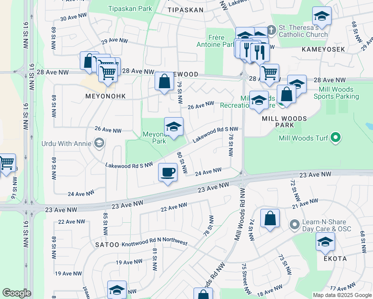 map of restaurants, bars, coffee shops, grocery stores, and more near 1904 Lakewood Road South Northwest in Edmonton