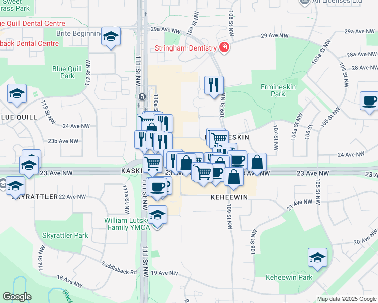 map of restaurants, bars, coffee shops, grocery stores, and more near 10954 23 Avenue Northwest in Edmonton