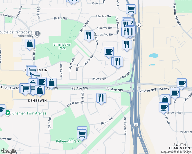 map of restaurants, bars, coffee shops, grocery stores, and more near 10404 24 Avenue Northwest in Edmonton