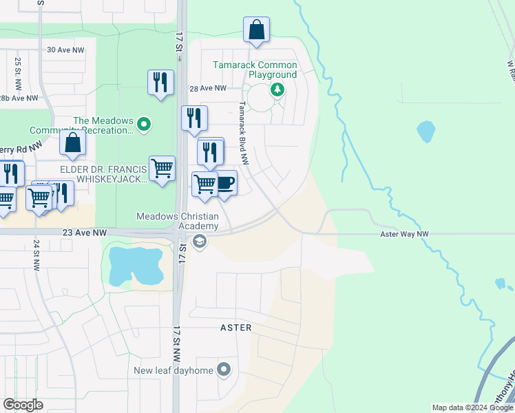 map of restaurants, bars, coffee shops, grocery stores, and more near 1517 Tamarack Boulevard Northwest in Edmonton