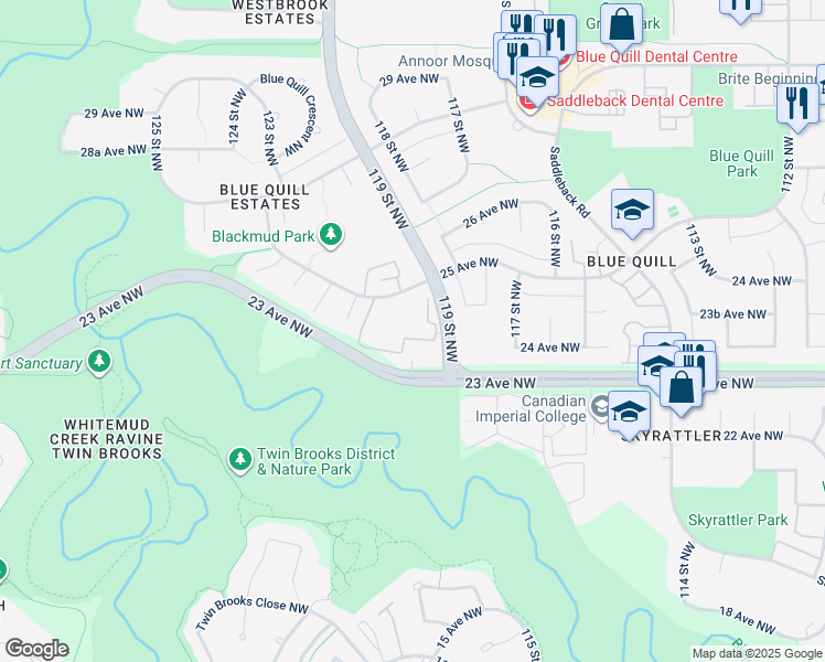map of restaurants, bars, coffee shops, grocery stores, and more near 2320 119 Street Northwest in Edmonton