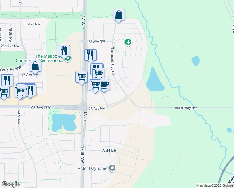 map of restaurants, bars, coffee shops, grocery stores, and more near 1506 Tamarack Boulevard Northwest in Edmonton