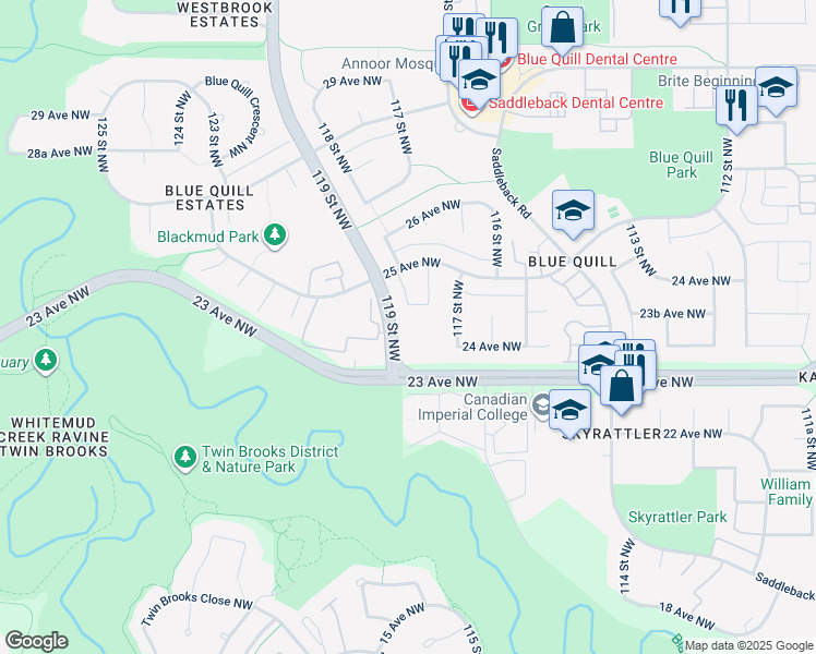 map of restaurants, bars, coffee shops, grocery stores, and more near 2327 119 Street Northwest in Edmonton
