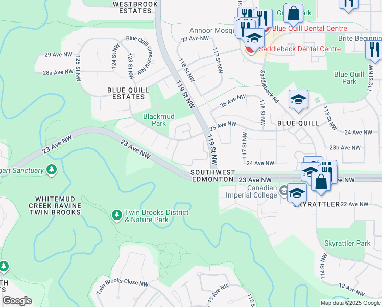 map of restaurants, bars, coffee shops, grocery stores, and more near 12005 25 Avenue Northwest in Edmonton