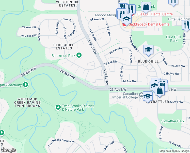 map of restaurants, bars, coffee shops, grocery stores, and more near 12005 25 Avenue Northwest in Edmonton