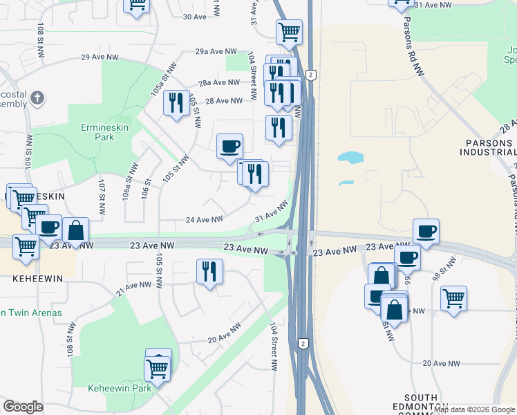 map of restaurants, bars, coffee shops, grocery stores, and more near 2421 104 Street Northwest in Edmonton