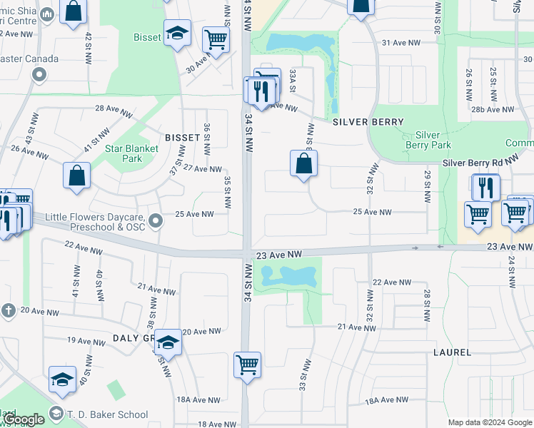 map of restaurants, bars, coffee shops, grocery stores, and more near 25 Avenue Northwest in Edmonton