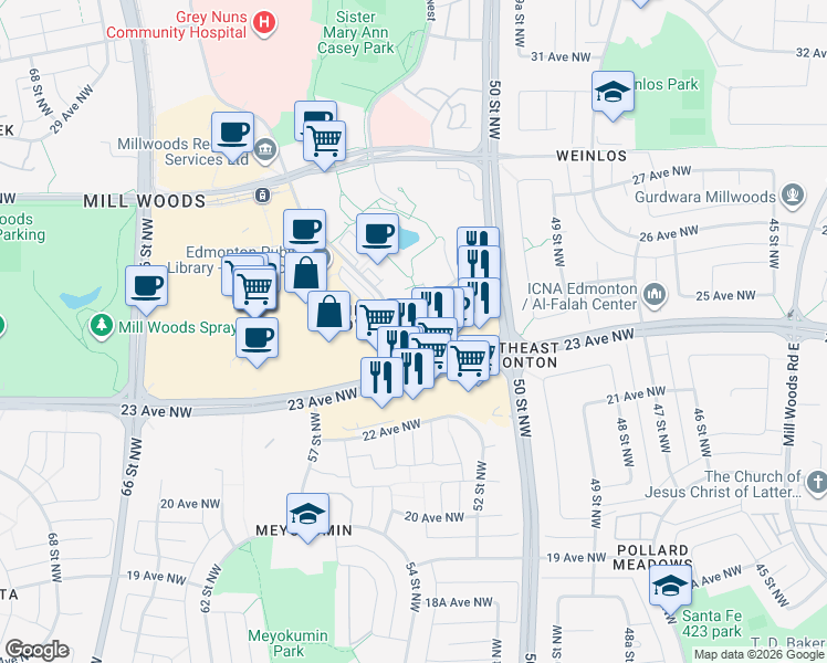 map of restaurants, bars, coffee shops, grocery stores, and more near 5303 25 Avenue Northwest in Edmonton