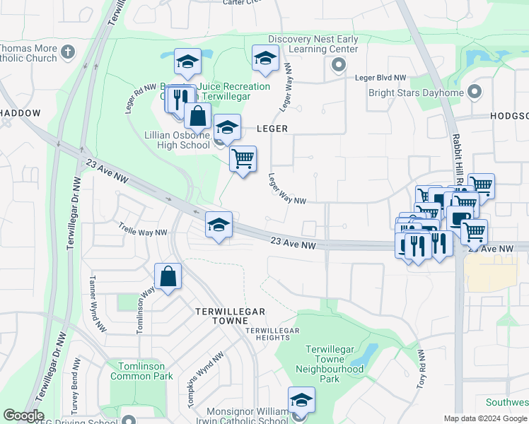 map of restaurants, bars, coffee shops, grocery stores, and more near 2350 Lemieux Place Northwest in Edmonton