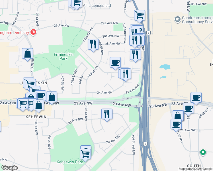 map of restaurants, bars, coffee shops, grocery stores, and more near 10404 24 Avenue Northwest in Edmonton
