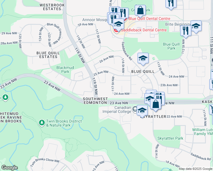 map of restaurants, bars, coffee shops, grocery stores, and more near 116 Kaskitayo Court Northwest in Edmonton