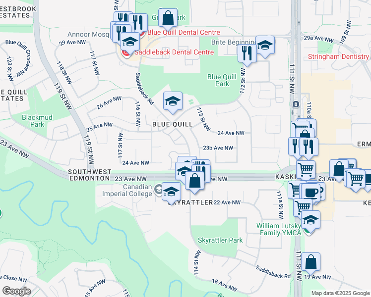 map of restaurants, bars, coffee shops, grocery stores, and more near 650 Saddleback Road Northwest in Edmonton