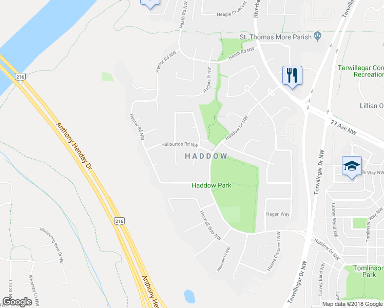 map of restaurants, bars, coffee shops, grocery stores, and more near 808 Haliburton Court Northwest in Edmonton