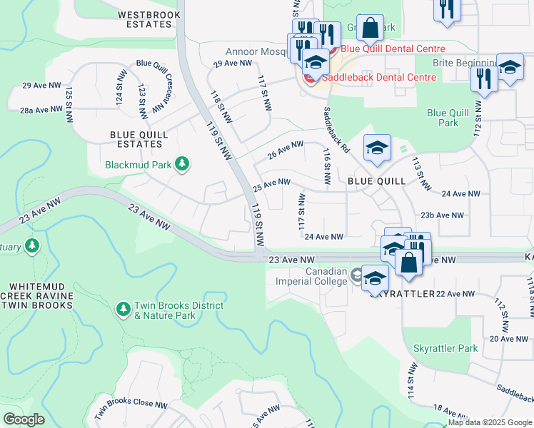 map of restaurants, bars, coffee shops, grocery stores, and more near 131 Kaskitayo Court Northwest in Edmonton