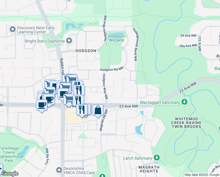 map of restaurants, bars, coffee shops, grocery stores, and more near 1609 Hodgson Court Northwest in Edmonton