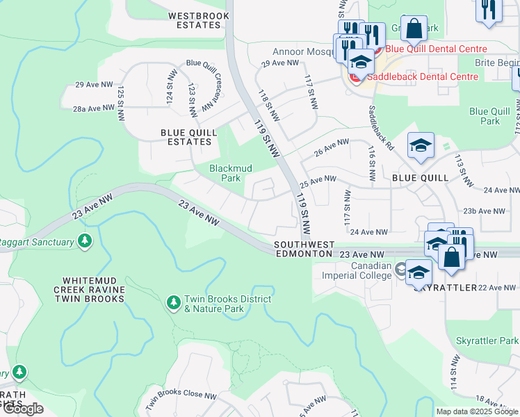 map of restaurants, bars, coffee shops, grocery stores, and more near 12015 25 Avenue Northwest in Edmonton