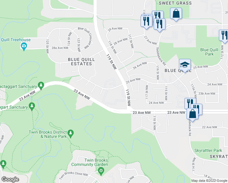 map of restaurants, bars, coffee shops, grocery stores, and more near 12005 25 Avenue Northwest in Edmonton