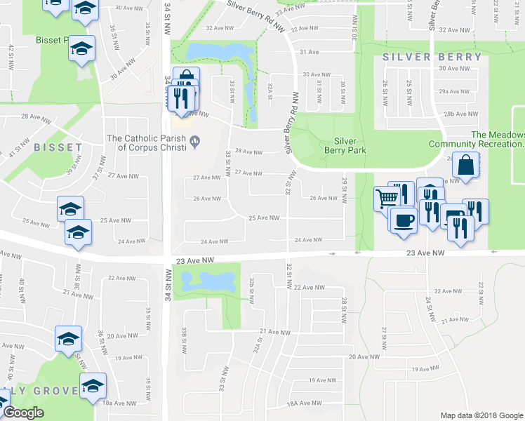 map of restaurants, bars, coffee shops, grocery stores, and more near 3228 25 Avenue Northwest in Edmonton