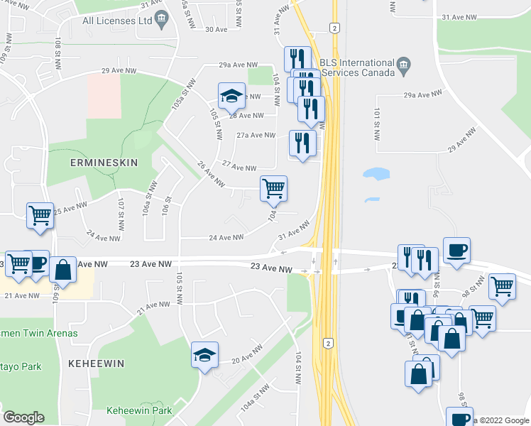 map of restaurants, bars, coffee shops, grocery stores, and more near 2454 104 Street Northwest in Edmonton