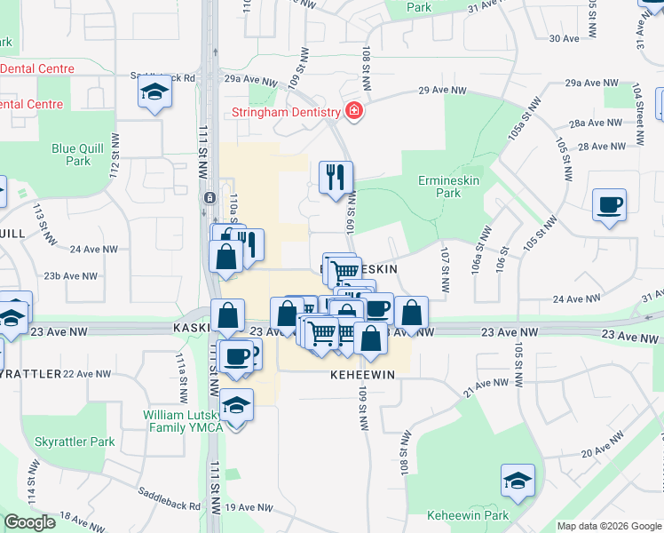 map of restaurants, bars, coffee shops, grocery stores, and more near 2504 109 Street Northwest in Edmonton