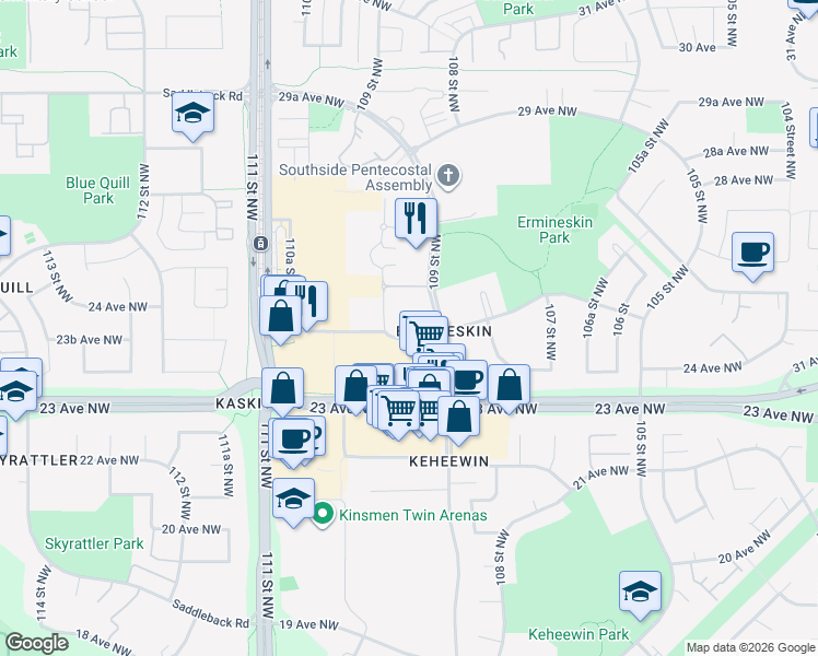 map of restaurants, bars, coffee shops, grocery stores, and more near 2504 109 Street Northwest in Edmonton