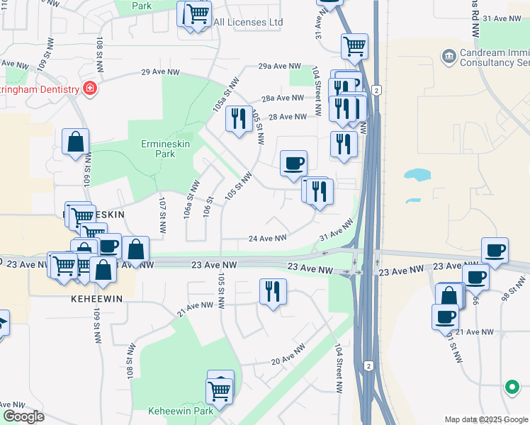 map of restaurants, bars, coffee shops, grocery stores, and more near 10404 24 Avenue Northwest in Edmonton
