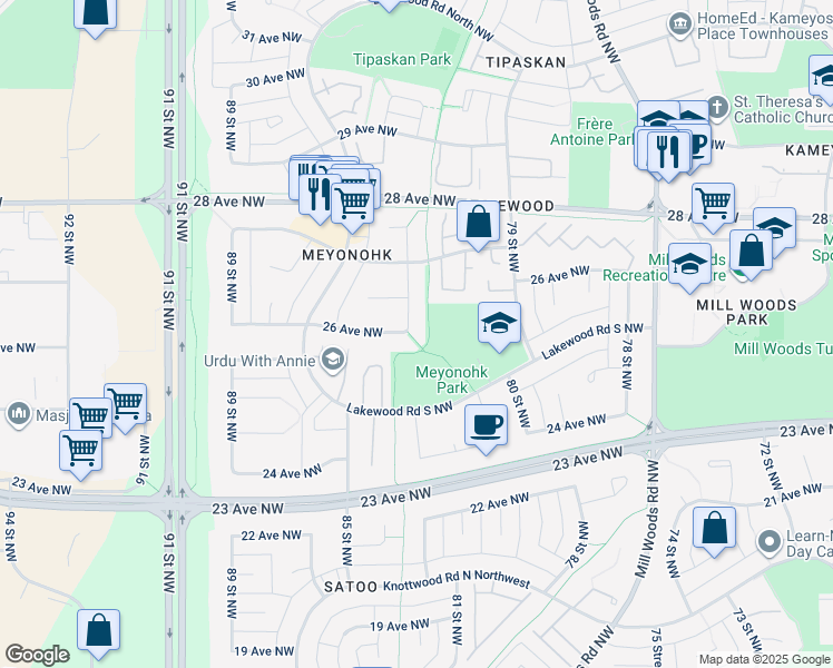 map of restaurants, bars, coffee shops, grocery stores, and more near 2603 83 Street Northwest in Edmonton