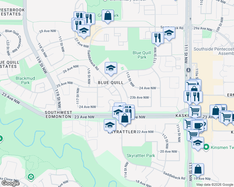 map of restaurants, bars, coffee shops, grocery stores, and more near 650 Saddleback Road Northwest in Edmonton