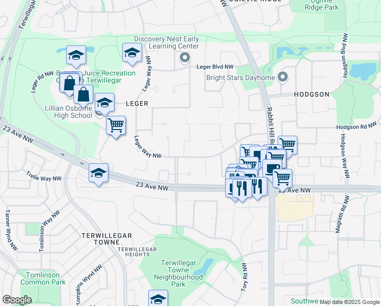 map of restaurants, bars, coffee shops, grocery stores, and more near 548 Leger Way Northwest in Edmonton