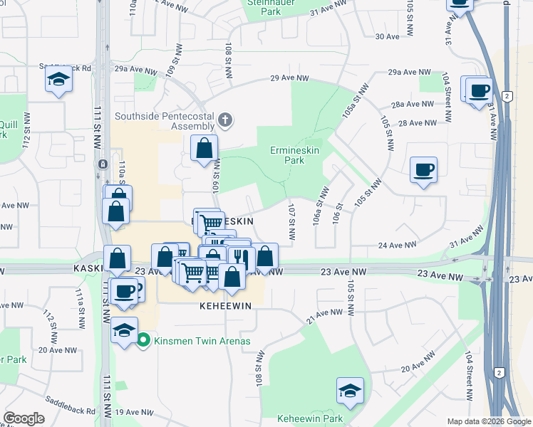 map of restaurants, bars, coffee shops, grocery stores, and more near 10741 25 Avenue Northwest in Edmonton