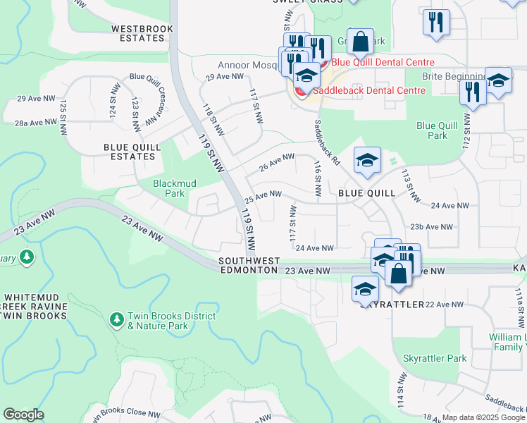 map of restaurants, bars, coffee shops, grocery stores, and more near 144 Kaskitayo Court Northwest in Edmonton
