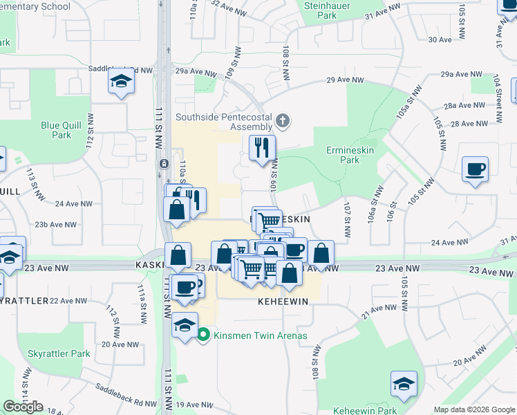 map of restaurants, bars, coffee shops, grocery stores, and more near 2504 109 Street Northwest in Edmonton