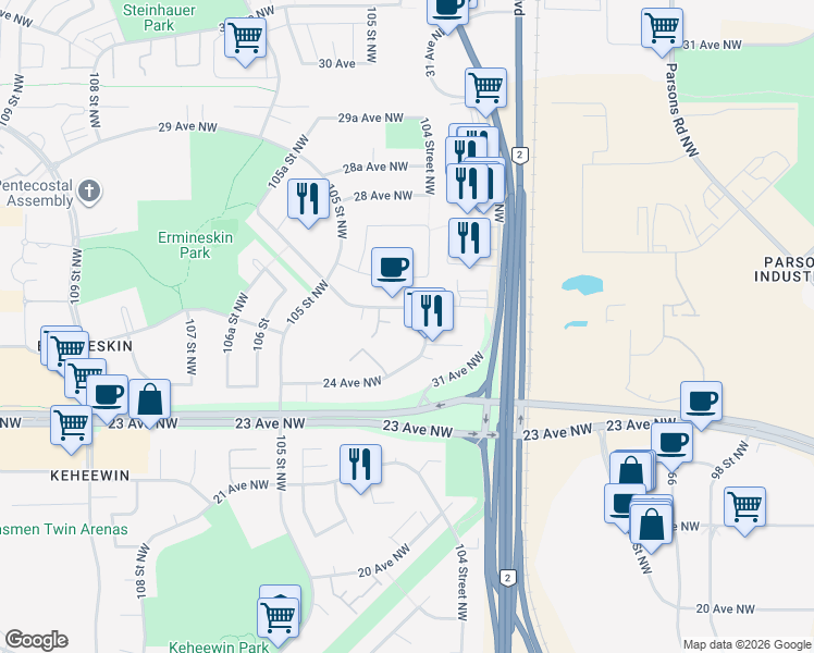 map of restaurants, bars, coffee shops, grocery stores, and more near 2454 104 Street Northwest in Edmonton