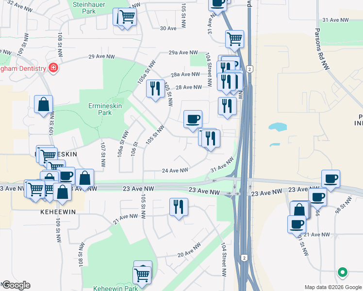 map of restaurants, bars, coffee shops, grocery stores, and more near in Edmonton