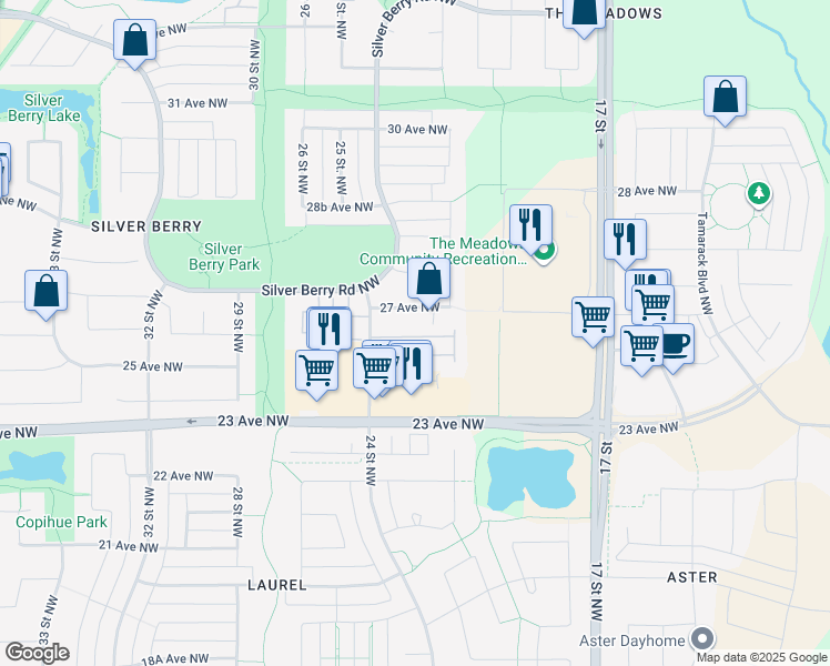 map of restaurants, bars, coffee shops, grocery stores, and more near 2503 24 Street Northwest in Edmonton