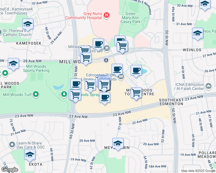 map of restaurants, bars, coffee shops, grocery stores, and more near 2331 66 Street Northwest in Edmonton