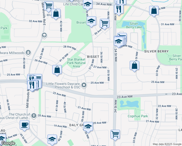 map of restaurants, bars, coffee shops, grocery stores, and more near 2612 37 Street Northwest in Edmonton