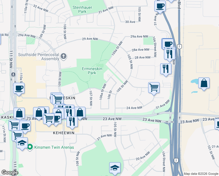 map of restaurants, bars, coffee shops, grocery stores, and more near in Edmonton