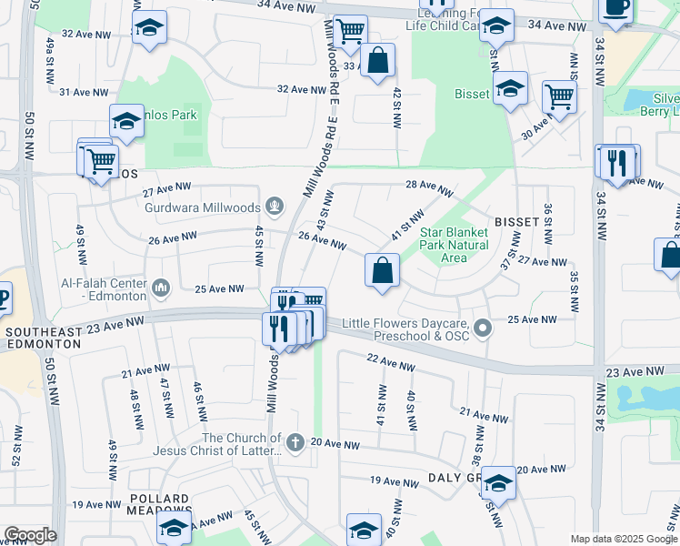 map of restaurants, bars, coffee shops, grocery stores, and more near 17 42 Street Northwest in Edmonton