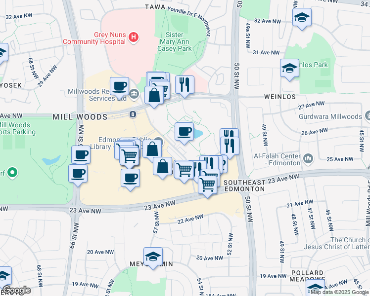 map of restaurants, bars, coffee shops, grocery stores, and more near 2551 Hewes Way Northwest in Edmonton