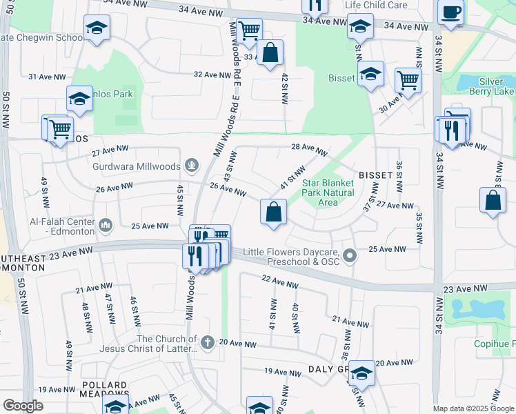 map of restaurants, bars, coffee shops, grocery stores, and more near 4105 26 Avenue Northwest in Edmonton