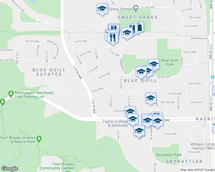 map of restaurants, bars, coffee shops, grocery stores, and more near 11712 25 Avenue Northwest in Edmonton