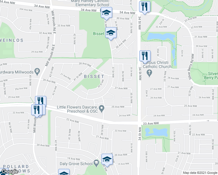 map of restaurants, bars, coffee shops, grocery stores, and more near 2612 37 Street Northwest in Edmonton