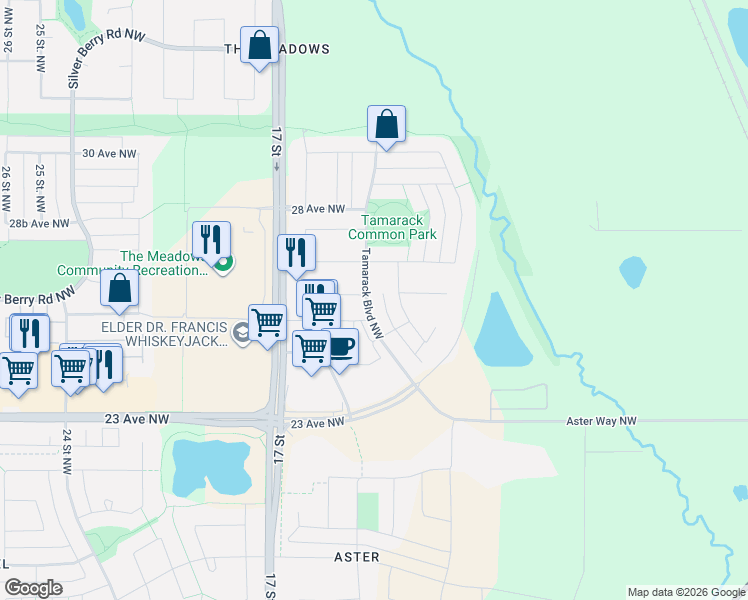 map of restaurants, bars, coffee shops, grocery stores, and more near 2456 13 Street Northwest in Edmonton