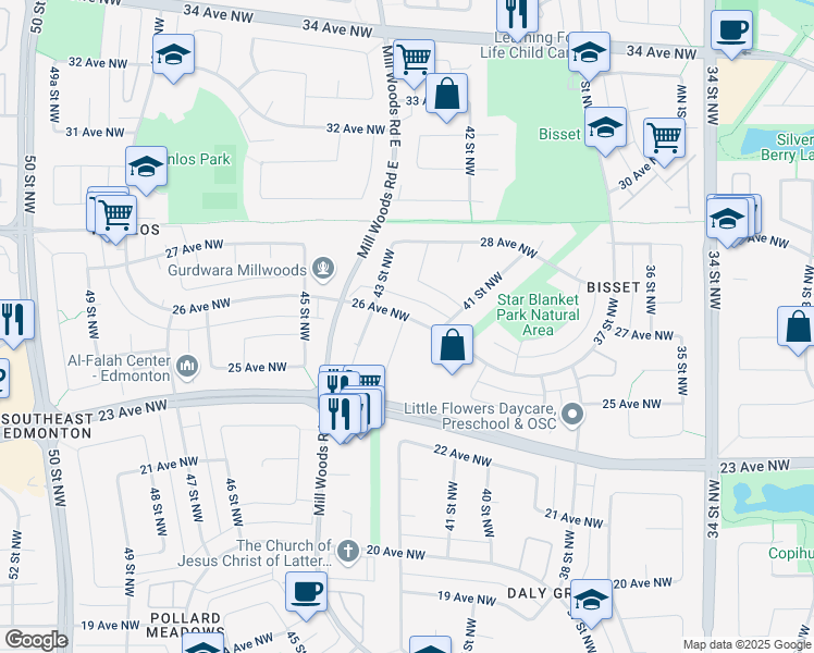 map of restaurants, bars, coffee shops, grocery stores, and more near 17 42 Street Northwest in Edmonton