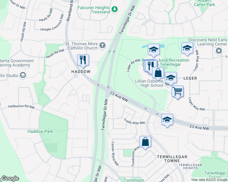 map of restaurants, bars, coffee shops, grocery stores, and more near 19904 23 Avenue Northwest in Edmonton